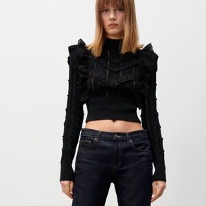 Zara Pointelle Ruffled Knit Sweater XS 4331/042